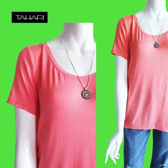 TAHARI NEW Skater WHITNEY Electric Scoop Neck Short Sleeves Hi Lo Top L - Picture 3 of 12